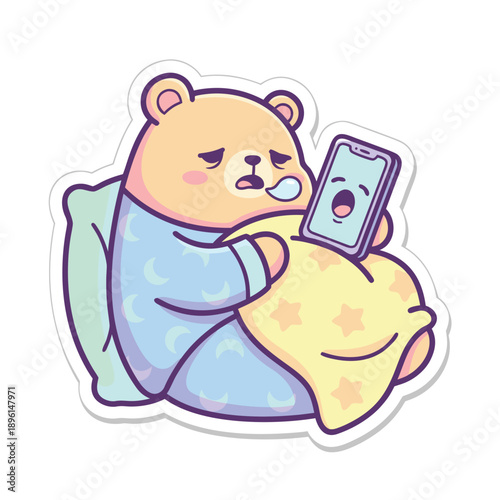 Tired Bear in Pajamas Scrolling on Phone in Bed.