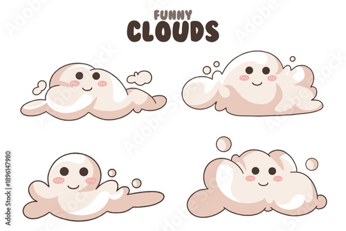 A cute and cheerful cartoon illustration of a white fluffy cloud with a friendly smiling face and rosy pink cheeks, raining down soft blue water droplets