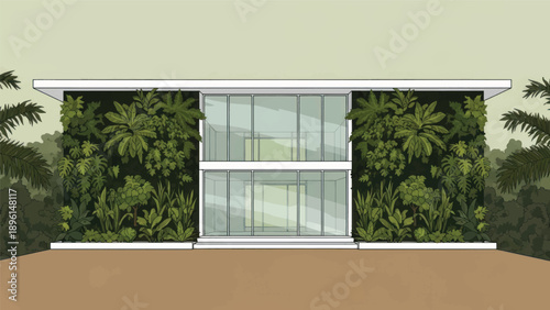 Modern glass front building featuring green vertical garden on the exterior and a minimalist geometric design.