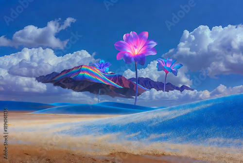 Hourglass with rainbow light effects and flowing white sand in a dark night sky setting, stars visible in the background, mystical atmosphere featuring surreal, fantasy, magical with glowing and time