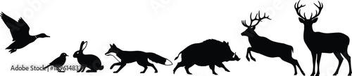 Black silhouettes of diverse forest animals including deer, fox, rabbit, bird, duck, and wild boar, wildlife illustration for nature and ecosystem