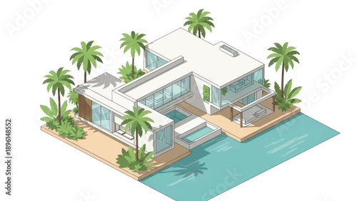 Stylish waterfront villa with modern architecture, pool, and palm trees by the water.