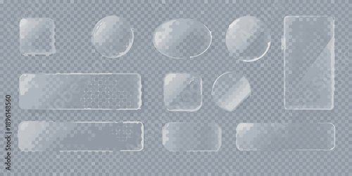 Collection of transparent glass and plastic shapes on a checkered background