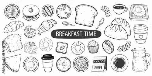 A charming illustration of various breakfast foods and beverages in black and white