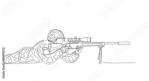 Soldier in camouflage lying prone and adjusting sniper scope  