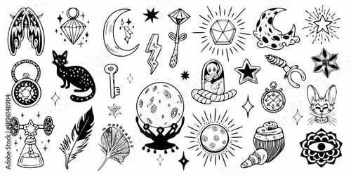Collection of mystical and celestial black and white illustrative designs