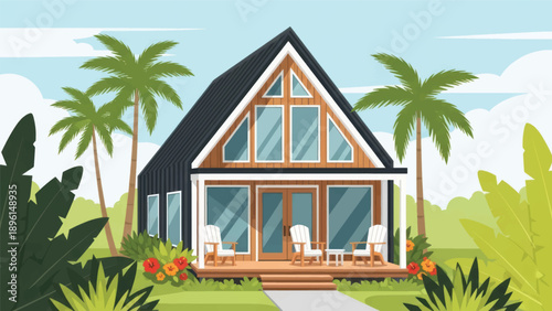 Colorful tropical house with palm trees under a bright sky and greenery.
