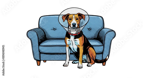 Dog wearing a cone sitting on a couch in a living room  