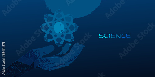 A glowing atom held in a polygonal hand representing scientific progress