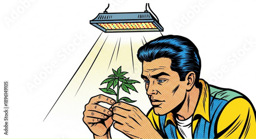 Man examining cannabis plant under grow light indoors  