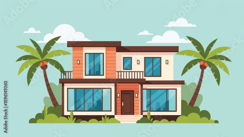 Modern tropical house with wide glass windows and palm trees in a sunny setting.