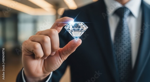 Closeup Businessman Hand holding virtual diamond icon, representing premium value, luxury brand, top tier quality, and exclusive business service.