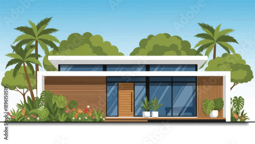Modern single-story tropical house with glass facade surrounded by lush greenery and palm trees.