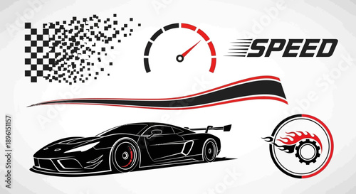Vector racing car speed illustration with checkered flag