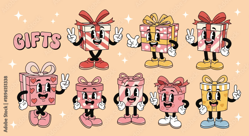 Fototapeta premium Vector set of 8 cute gift box characters