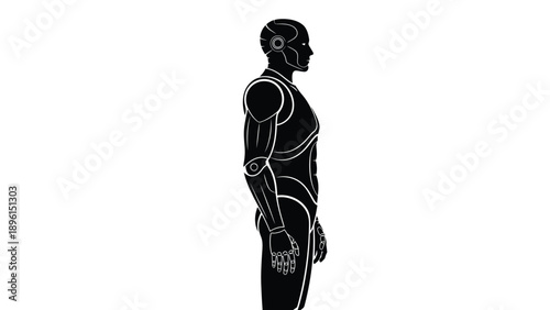Humanoid robot standing in profile view with white outline on black body against plain white background