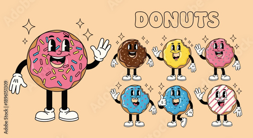 Set of 6 colorful donut characters vector