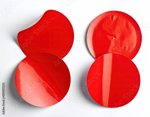 Four red, shiny, circular stickers on white surface
