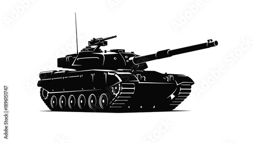 Military tank with long gun barrel in black silhouette on white background for warfare and defense concepts