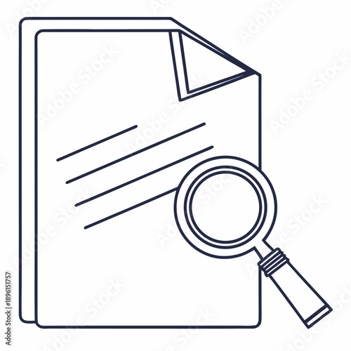 Line drawing of a document with a magnifying glass on isolated examining lines