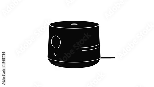 Black cylindrical smart speaker with power button and cord on white background modern technology concept
