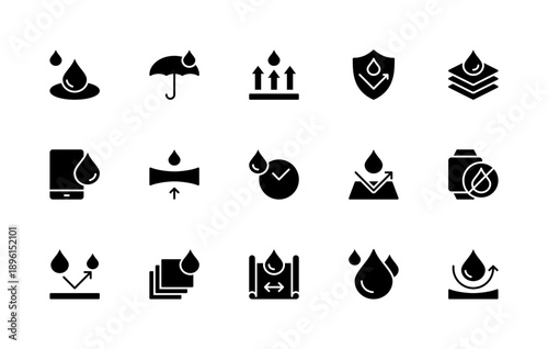 Water resistance related vector silhouette icons set. Isolated icon collection such as drop, umbrella, water, shield, arrows, waterproof and more.
