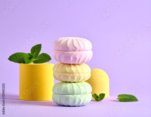 Marshmallow stack with mint, pastel geometric shapes