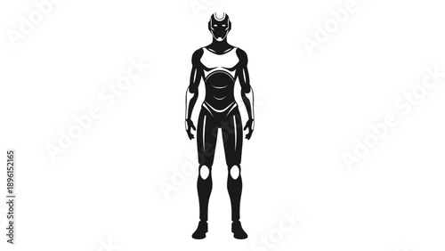 Full body illustration of a futuristic black and white humanoid figure in a sleek costume standing on a plain background