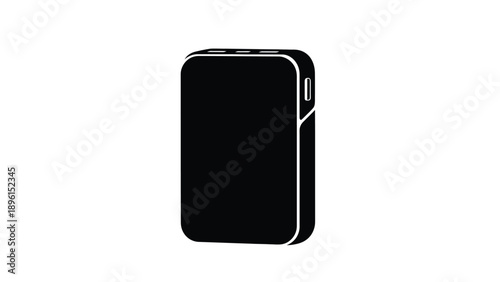Black portable power bank with white outline on plain background for mobile device charging