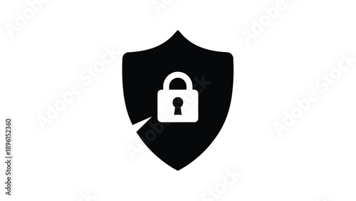 Black shield with white padlock symbolizing security protection and safety concept isolated on white background simple graphic design