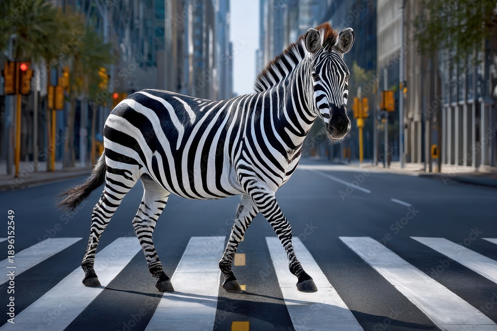 Obraz premium Zebra crosses a city street near modern buildings during the daytime