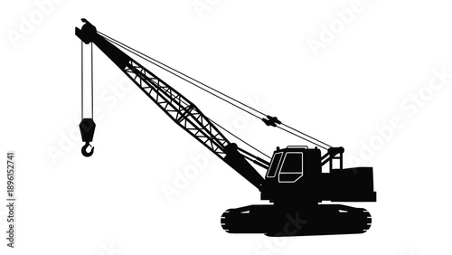 Silhouette of a heavy duty construction crane with hook and boom against a white background industrial equipment concept