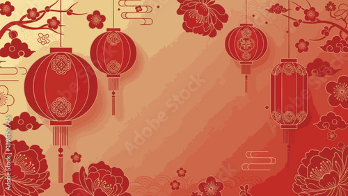 Festive Chinese New Year Banner Design Featuring Elegant Red Lanterns and Golden Peony Flowers for Cultural Celebration