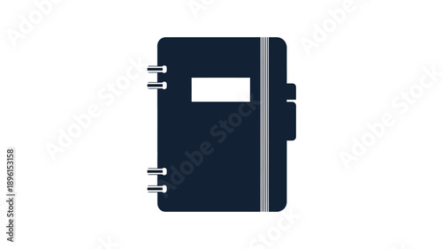 Dark blue notebook with white rectangle and silver rings on a plain white background for organization and writing