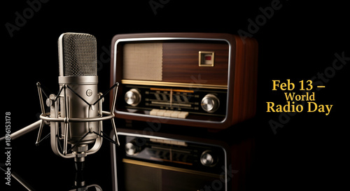 Vintage microphone and radio on reflective surface for world radio day on february 13th