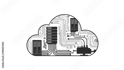 Cloud computing infrastructure with servers and circuit board design on white background for data storage and management