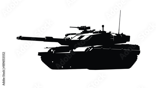 Silhouette of a military tank with long gun barrel and antenna on white background symbolizing war and defense