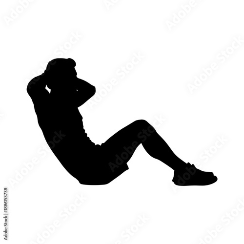 Black silhouette of a person doing abdominal crunches or sit-ups on a white background. Ideal for health, gym, and fitness concepts.