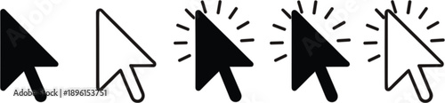 Set of black and white mouse cursor arrow icons with clicking effects for computer interface web design and digital navigation.