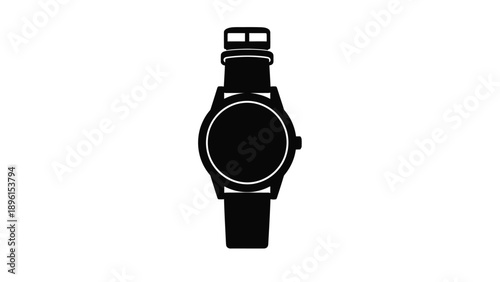 Black smartwatch with white outline on strap and face isolated on white background modern design