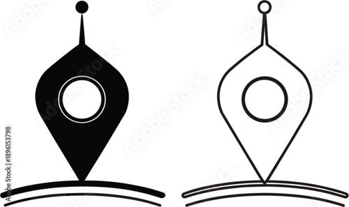 Black and white location pin vector icons for map navigation gps tracking destination and travel interface design.