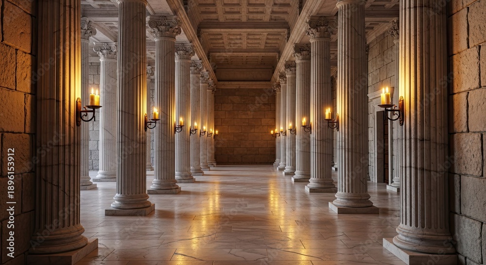 Naklejka premium Ancient Hallway with Marble Columns and Candlelight