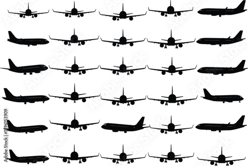 Large set of black airplane silhouette vector icons featuring various aircraft models for aviation travel and transportation design.