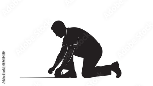 A kneeling person ties their shoe in a simple black silhouette illustration viewed from the side in a minimalist environment
