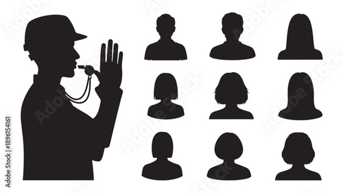 A coach or instructor is communicating with a team or group of people through a whistle in a silhouette illustration.