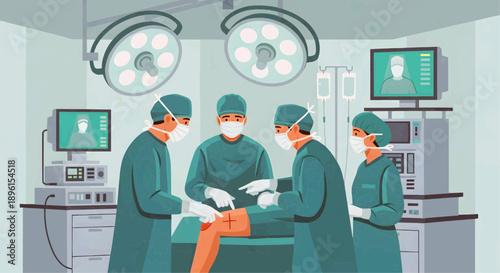 Vector illustration of a surgical team performing a procedure in an operating room