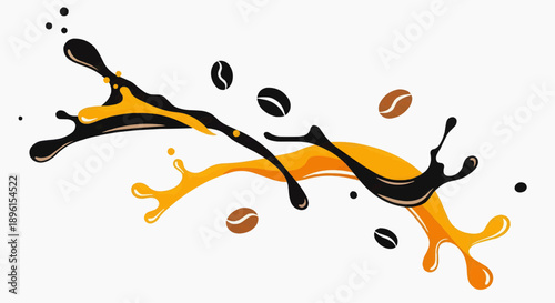 Vector illustration of coffee splashes in orange and black with coffee beans on a white background