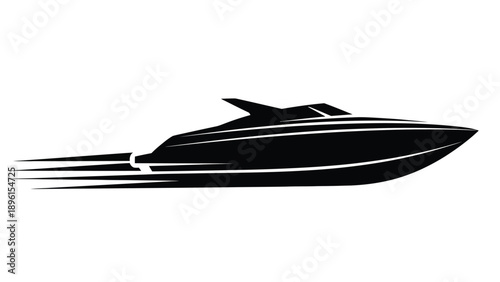 Speedboat racing across water with motion blur on white background
