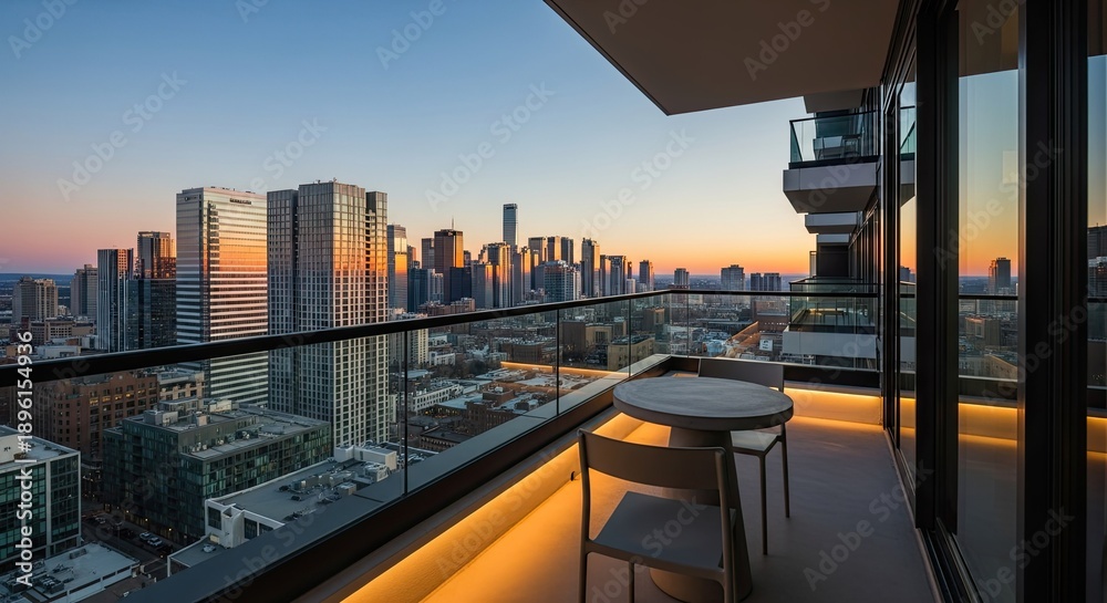 Obraz premium Luxury Balcony View: Modern Cityscape at Sunset with Outdoor Furniture