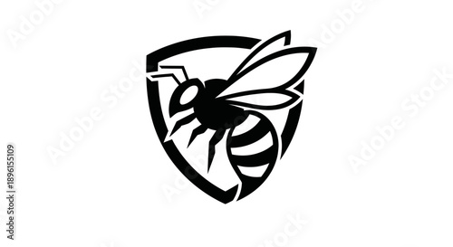 Black and white bee logo inside a shield shape